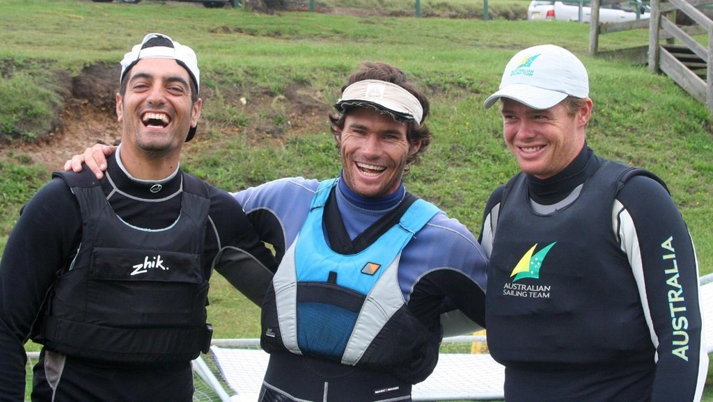 First three place getters in the Laser Worlds. Javier Fernandez (ESP)was third, Julio Alsogaray (ARG) second and 2008 Laser World Champion Tom Slingsby is on the right. Terrigal © Sail-World.com /AUS http://www.sail-world.com